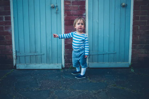 Ένα Μικρό Αγόρι Toddler Στέκεται Μια Αυλή — Φωτογραφία Αρχείου