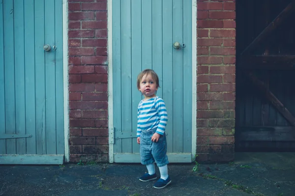 Ένα Μικρό Αγόρι Toddler Στέκεται Μια Αυλή — Φωτογραφία Αρχείου