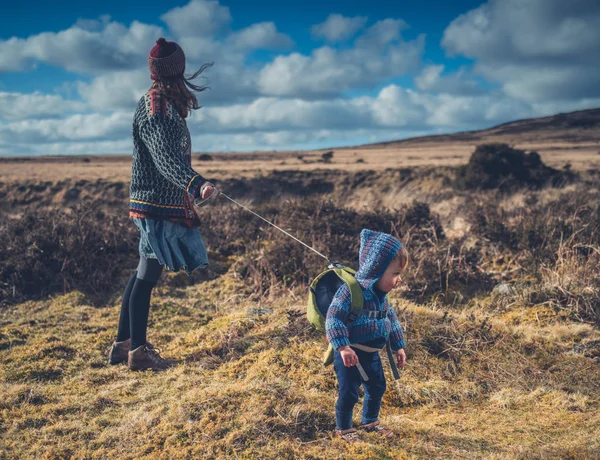 Une Jeune Mère Marche Sur Lande Avec Son Petit Bambin — Photo