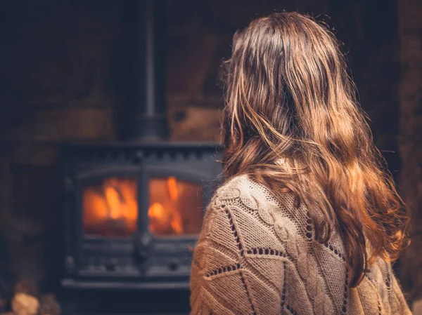 Young Woman Getting Warm Fire Log Burner — Stock Photo, Image