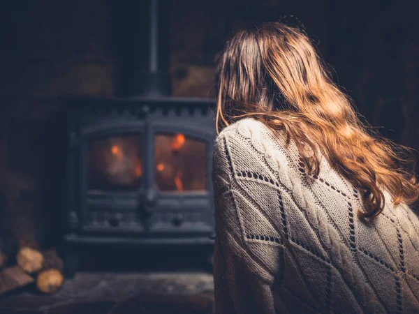 Young Woman Getting Warm Fire Log Burner — Stock Photo, Image