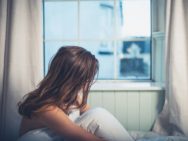 Young Woman Sitting Bed Morning Looking Out Window — Stock Photo, Image