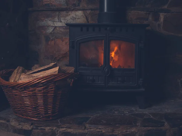 Traditional Log Burner Basket Firewood Lit Fire — Stock Photo, Image