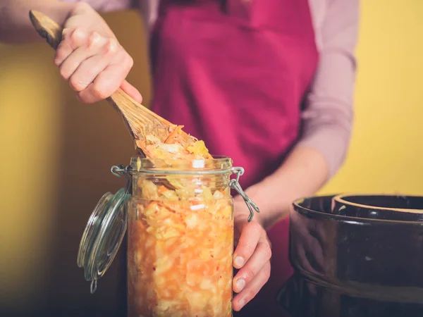 Young Woman Removing Her Delicious Nutritious Homemade Kimchi Fermentation Pot — Stock Photo, Image
