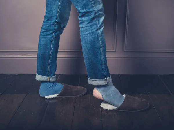 Legs Feet Young Man Warm Slippers Wooden Floor — Stock Photo, Image