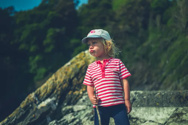 Piccolo Bambino Piedi Vicino Una Roccia Tiene Bastone Estate — Foto Stock