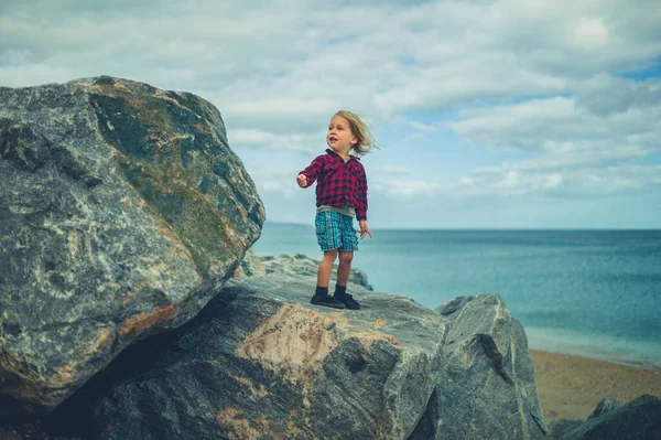 Küçük Bir Çocuk Yazın Deniz Kenarındaki Bir Kayanın Üzerinde Duruyor — Stok fotoğraf