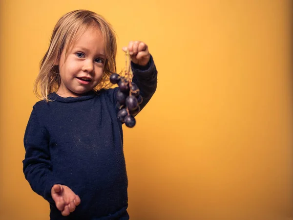 Piccolo bambino con un grappolo d'uva — Foto Stock