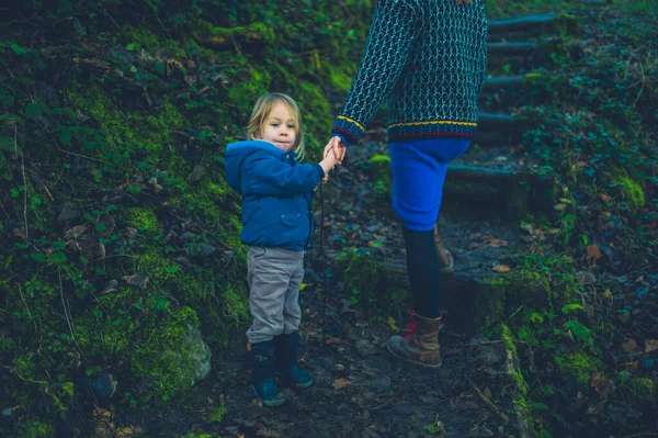 Jovem mãe e criança andando na floresta — Fotografia de Stock