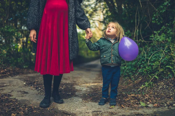 Elinde Balonla Yürüyen Hamile Bir Kadın Ormanda Yürüyor — Stok fotoğraf
