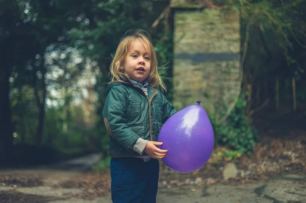 Een Kleine Peuter Houdt Een Ballon Vast Het Bos — Stockfoto