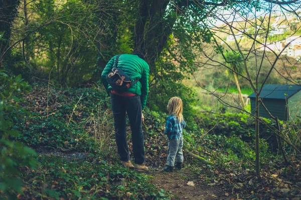 Father His Little Toddler Standing Brook Woods — 스톡 사진