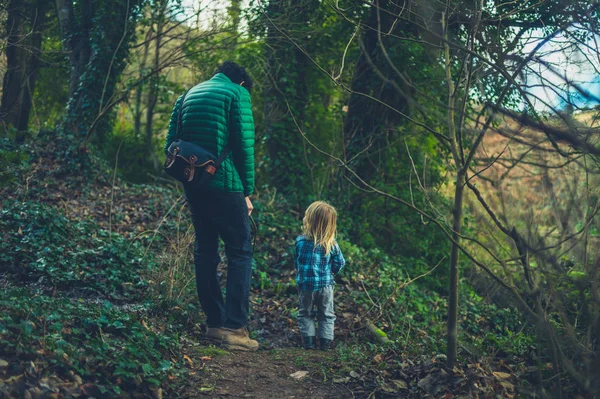 Père Son Petit Enfant Tiennent Près Ruisseau Dans Les Bois — Photo