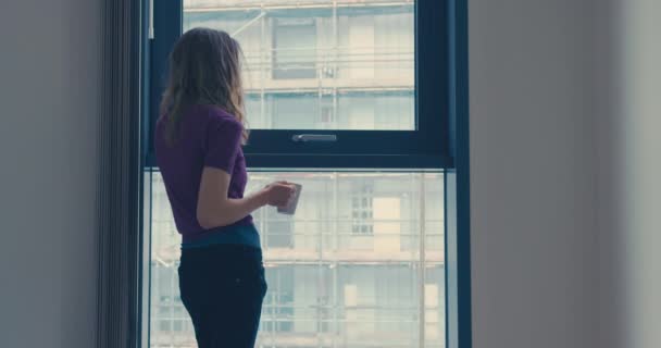 Young woman standing by the window in her city apartment — Stock Video