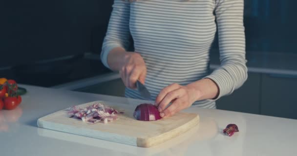 Ung kvinna hugga lök i sitt kök — Stockvideo