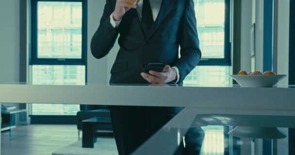 仕事の前に台所でスマートフォンを使うビジネスマン — ストック動画