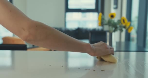 一个女人的手正在清理一个现代城市公寓厨房柜台的溢出物 — 图库视频影像