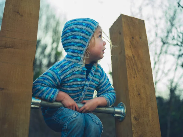 Little Preschooler Kid Climbing Some Bars Calisthenics Home Gym Garden — Stock Photo, Image