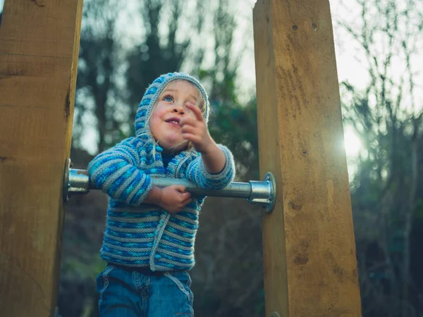 Kleine Kleuter Kind Klimmen Een Aantal Bars Van Calisthenics Home — Stockfoto