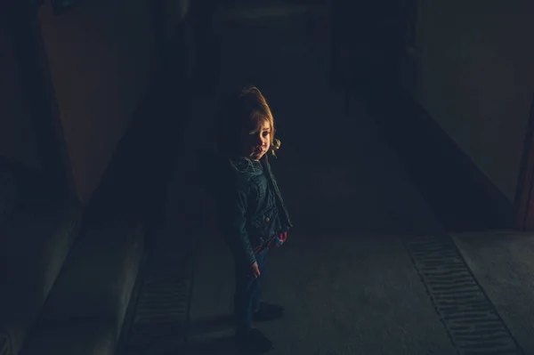 Little Preschooler Standing Dark Corridor Light Window Hitting His Face — Stock Photo, Image
