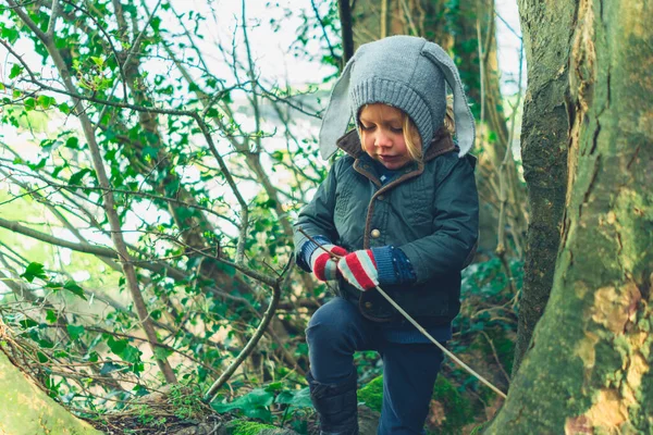 Petit Préscolaire Joue Avec Des Bâtons Dans Les Bois — Photo