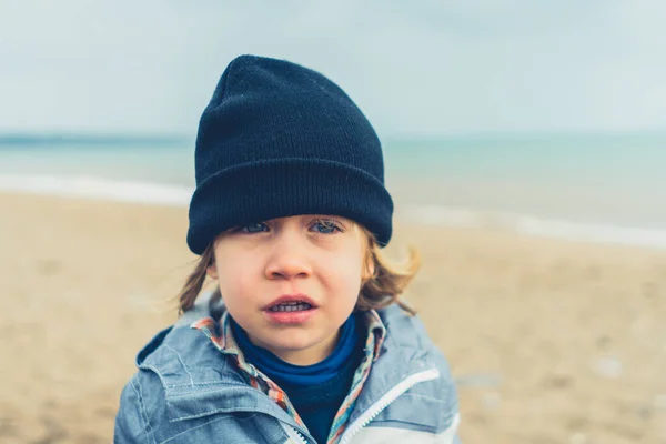 Little Preschooler Boy Standing Beach Cold Day — Stock Photo, Image