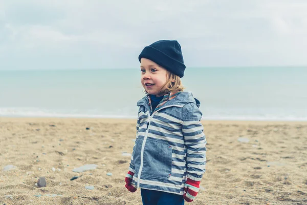 Pouco Pré Escolar Está Brincando Praia Inverno — Fotografia de Stock