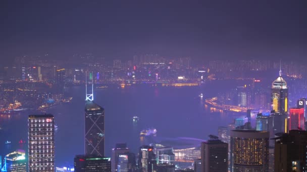 Blick Auf Helle Beleuchtung Der Stadt Abend Hongkong China — Stockvideo