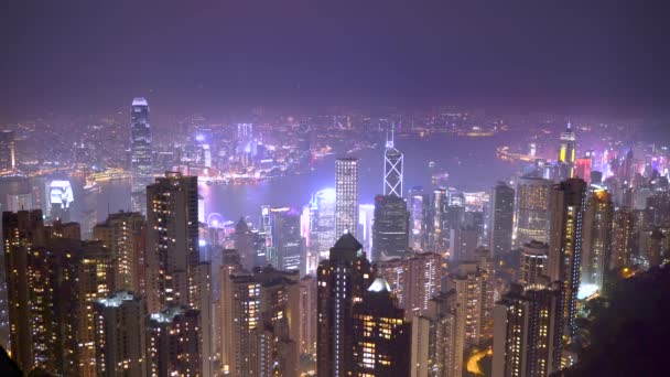 Άποψη Του Φωτεινό Φωτισμό Της Πόλης Βράδυ Χονγκ Κονγκ Κίνα — Αρχείο Βίντεο
