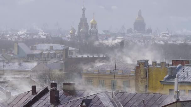 View Wind Blowing Snow Roofs Buildings Saint Petersburg Russia — Stock Video