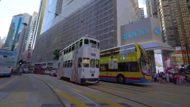 Hong Kong China Juni 2017 Vintage Doppelstock Straßenbahn Zentrum Von — Stockvideo