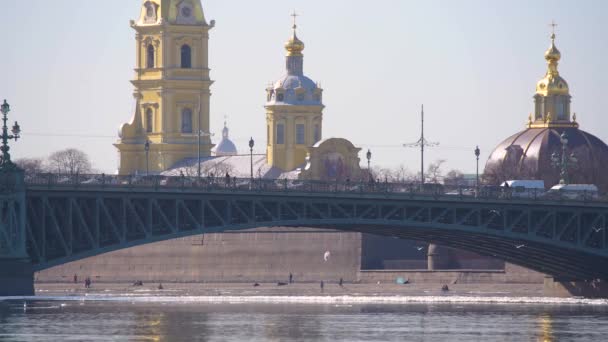 Blick Auf Dreifaltigkeitsbrücke Und Peter Paul Festung Newa Fluss Sankt — Stockvideo