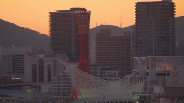 日本神户- 2019年11月5日：神户港塔在黄昏时的空中景观4k — 图库视频影像
