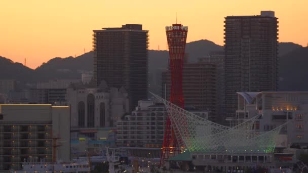 Kobe, Japón - 05 NOV 2019: Vista aérea del horizonte de Kobe Port Tower al atardecer en 4k — Vídeo de stock