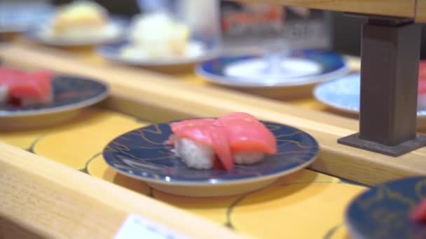 Sushi rail restaurant with rotating Japanese food plates in 4k — ストック動画