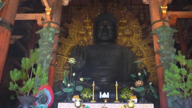 Nara, Japonya - NOV 07, 2019: 4k içinde büyük bir Buda heykeli olan Todaiji Tapınağı