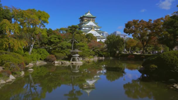 日本大阪- 2019年11月10日：大阪城堡公园和4k年秋季池塘 — 图库视频影像