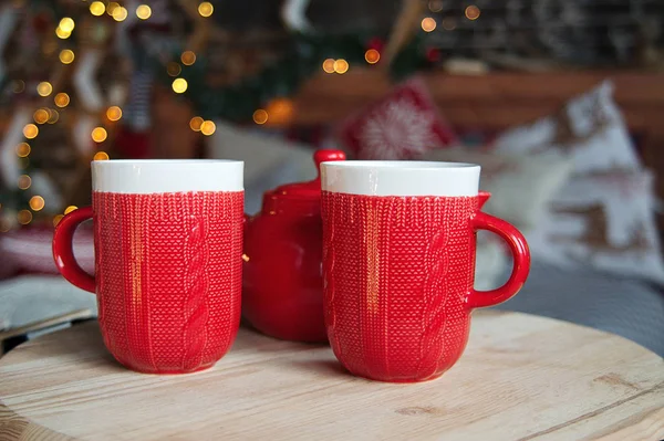 Weihnachtsbecher Auf Warmem Hintergrund Weihnachtlicher Hintergrund Rustikaler Stil — Stockfoto