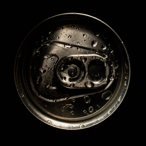 Aluminum Soda Beer Beverage Can Water Droplets Isolated Dark Background — Stock Photo, Image