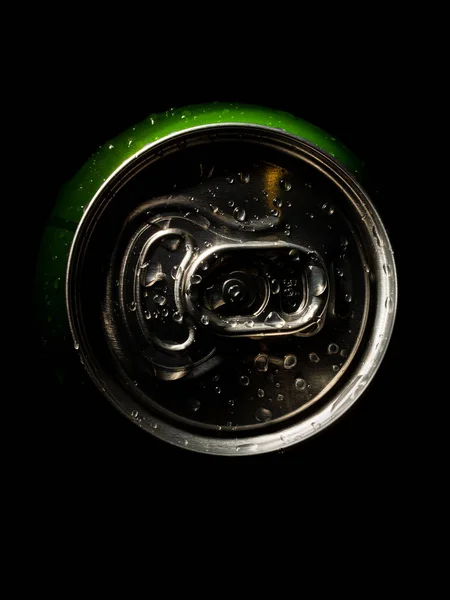 Aluminum Soda Beer Beverage Can Water Droplets Isolated Dark Background — Stock Photo, Image