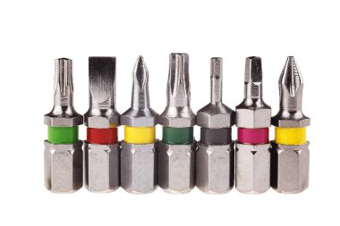 tornavida parçaları seti, makro, yakın çekim, seçici odak, tornavida başları beyaz arkaplanda izole