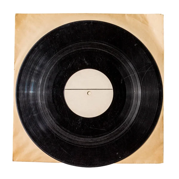 古いパッケージにヴィンテージ古い傷の音楽レコード 純粋なラベルとレコード白の背景に隔離されたレコード コピースペース モックアップ — ストック写真