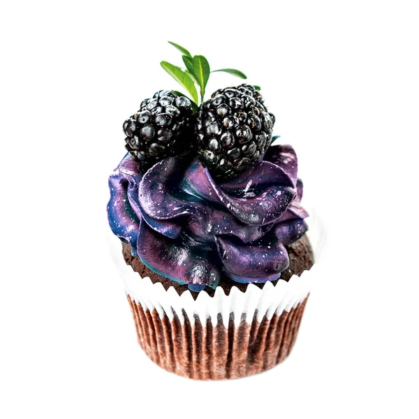 Beautiful Appetizing Cupcake Blue Cream Blueberries Blackberries Cakes Handmade Desserts — Stock Photo, Image