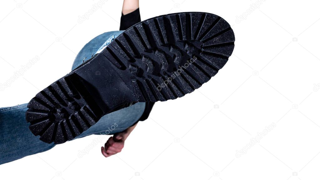 the rough sole of the Shoe, a bottom view, a man coming from the top, crush, isolated on white background, man walking bottom view