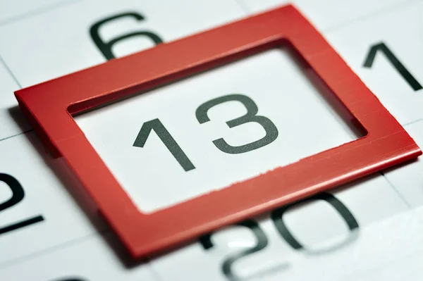 Třináctý Den Měsíci Zvýrazněné Kalendáři Červeným Rámečkem Detailní Makro Značka — Stock fotografie
