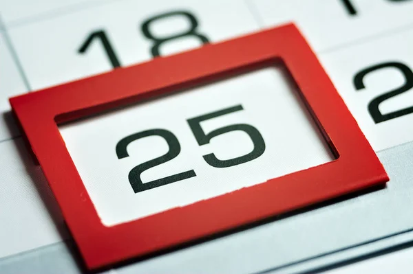 Fünfundzwanzigster Des Monats Hervorgehoben Kalender Mit Rotem Rahmen Nahaufnahme Makro — Stockfoto