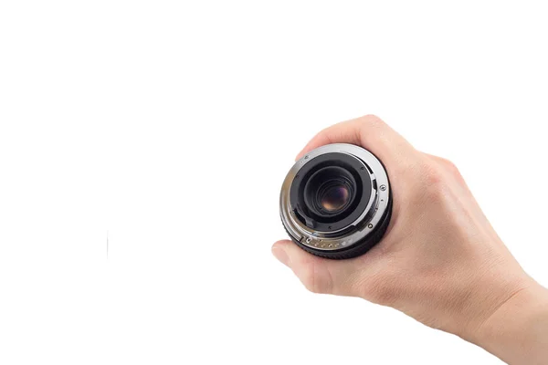 Zicht Achterlens Van Afneembare Cameralens Hand Achterkant Van Lens Montage — Stockfoto