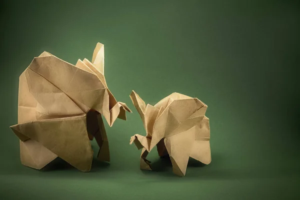 Origami Éléphant Bébé Éléphant Papier Radeau Sur Fond Vert Papier — Photo