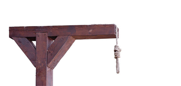 vintage gallows with braided rope scaffold isolated on white background, hangman