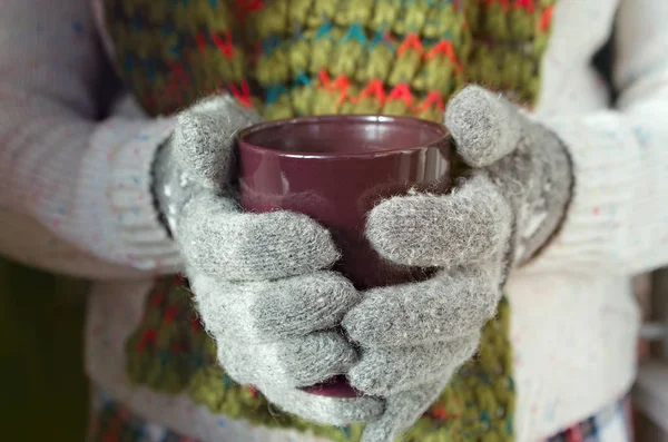 Mug Hot Drink Hands Young Girl Dressed Knitted Mittens Warm — Stock Photo, Image